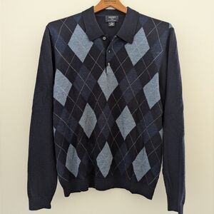 Brooks Brothers Lana Fine Merino Argyle Sweater MEN'S L Italian Wool Collar Navy